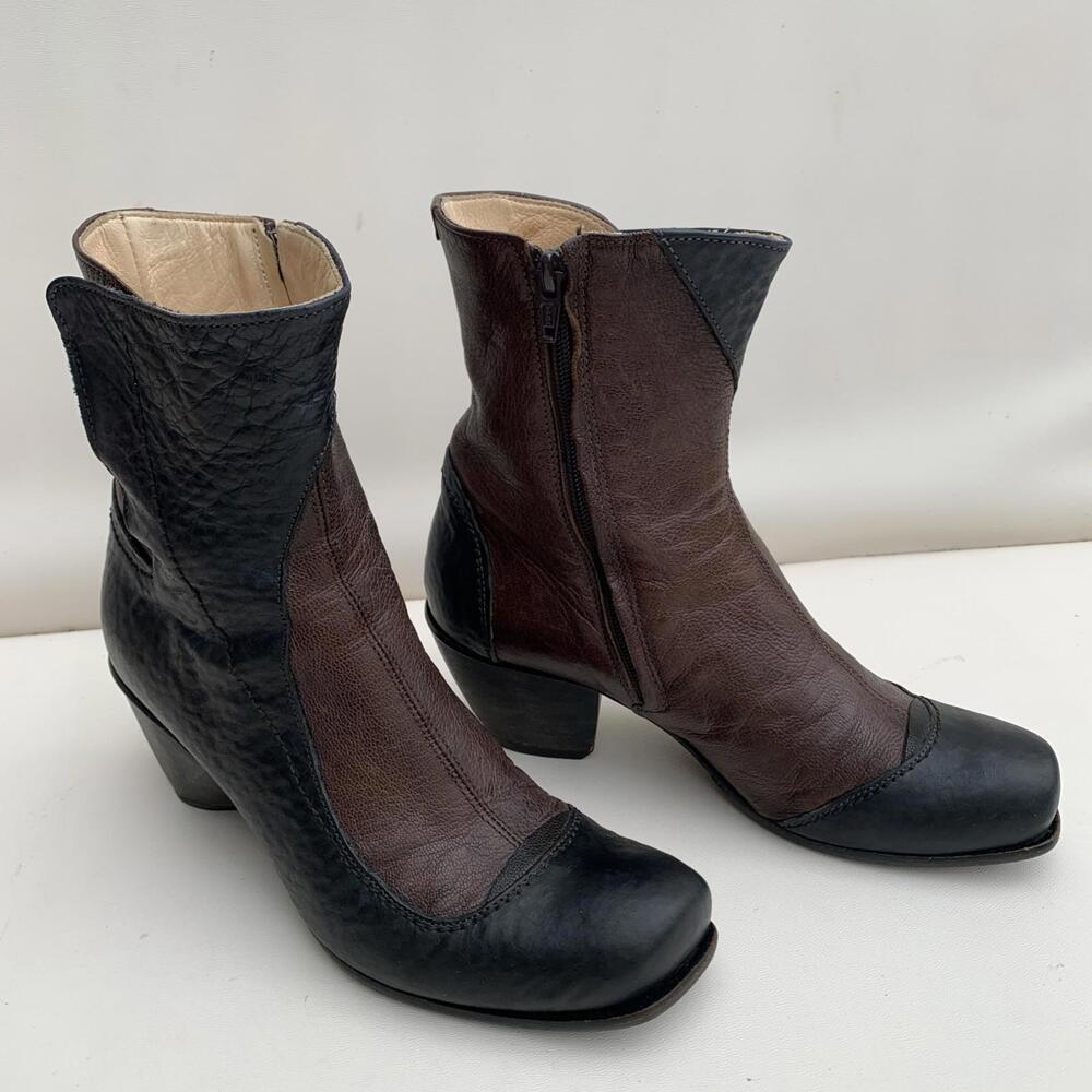 Roda Booties Witchy Whimsygoth Made in Italy Black Brown Leather Heeled Sz 37  7